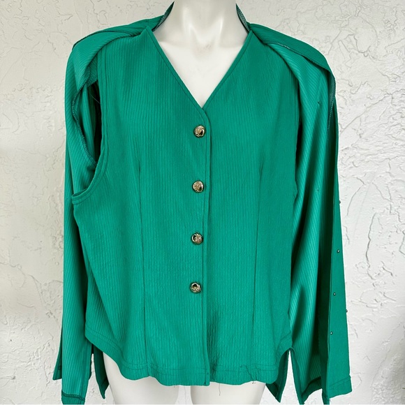 VTG Versatile Green Textured Vest/Jacket All-in-One Top w/Gold Buttons and Studs - Picture 9 of 14